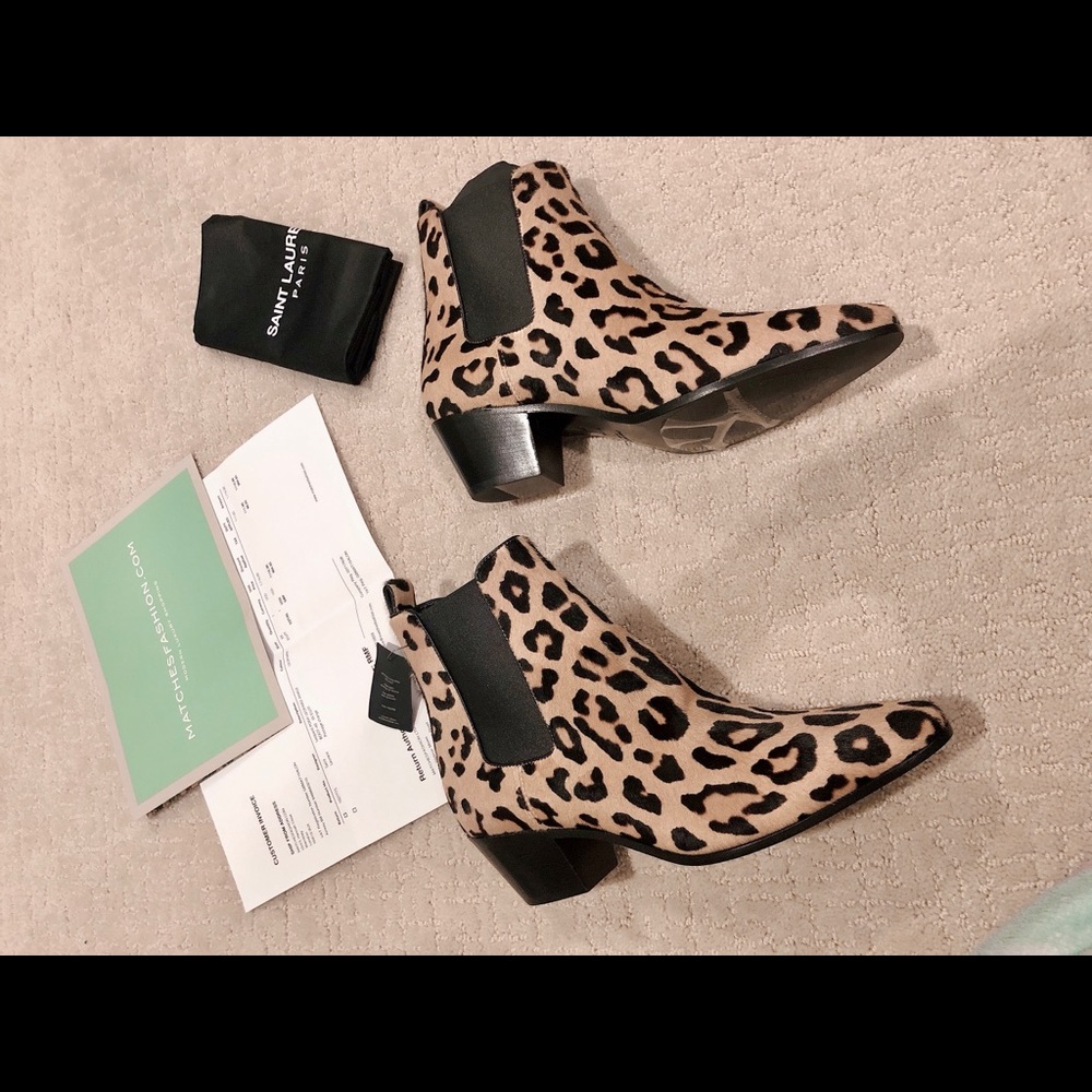 Saint Laurent Leopard Print Ponyhair Calf Boots 39